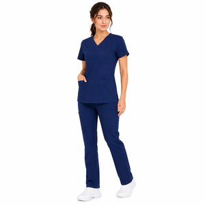 Conjunto de uniforme médico azul marino con cuello en V para mujer, con bolsillos, para uso hospitalario, de color liso, tela tejida, con detección de agujas y fusión sin costuras - Product Image 3
