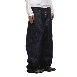 Jeans en denim japonais selvedge sur mesure OEM, mi-lourd, tricoté, délavé, style streetwear décontracté, boutonné, coupe droite ajustée pour homme - Product Image 4