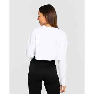 Camiseta Corta Blanca de Manga Larga para Mujer, Cuello Redondo, Tejido de Punto, Color Sólido, Informal, Transpirable, 100% Algodón, Manga Larga, Corte Regular - Product Image 6