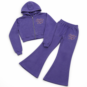 Women's Hooded Short Top Full-Length Flared Sweatpants Matching <b>Set</b> Soft Fleece Cotton Loose Fit Street Fashion Embroidered - Product Image 1