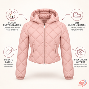 Chaqueta Larga Acolchada Rosa Palo Personalizada para Mujer, con Capucha Acolchada de Diamantes, para Todas las Estaciones, Relleno Transpirable, Forro de Seda, Gorro Desmontable - Product Image 3