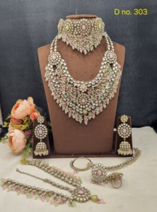Parure de bijoux de mariée lourde en Kundan, collier double couche, boucles d'oreilles, ensemble de bague de nez Damini, bijoux fins pour mariage indien, fabricants - Product Image 5