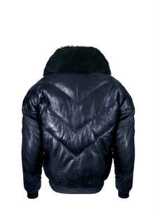 Blouson aviateur en cuir véritable pour homme avec col en fourrure, fermeture éclair, couleur unie, style motard, manteau d'hiver - Product Image 3