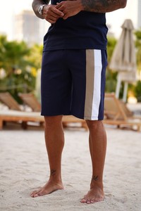 Premium Men's Beige Blue Solid <b>Knitted</b> 100% Cotton Summer Formal Breathable 300g Short <b>Set</b> - Product Image 3
