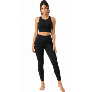 Ensemble de yoga 2 pièces pour femme, noir uni, legging taille haute, crop top dos nageur à col rond, longueur intégrale, côtelé, en Spandex et Polyester - Product Image 3