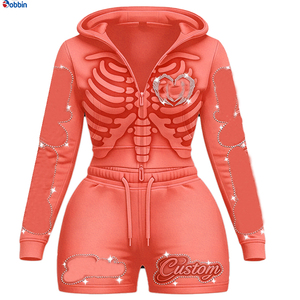Top Trending Hot Selling Women's Blue Skeleton Hoodie Shorts Set <b>Rhinestone</b> Decor Y2K Style Spring Summer Sportswear 2 Piece Set - Product Image 3