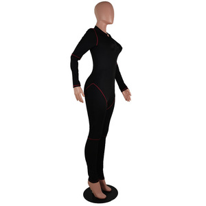 Mono de manga larga con cuello en V para mujer, negro, de cintura alta, ajustado, de spandex y nailon, para discoteca, con ribete rojo y detalle de cremallera - Product Image 5