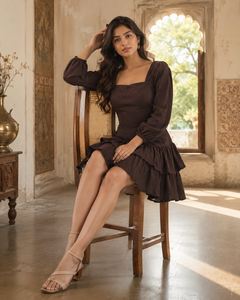 Custom Women Cotton Hand Block Print <b>Ruffled</b> <b>Dress</b> Square Neck Long Sleeve Mini <b>Dress</b> Summer Casual Party Wear Women <b>Dress</b> - Product Image 6