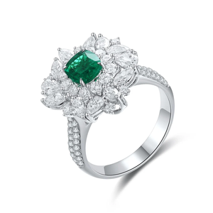 Luxury Women's 925 <b>silver</b> <b>Emerald</b> Cut Cocktail <b>Ring</b> Flower Design Pave Setting - Product Image 2