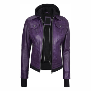 Wholesale High Quality Premium Purple Genuine Leather Hooded Moto <b>Jacket</b> Full Sleeve Zipper Closure Women's Autumn Wear - Product Image 6
