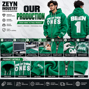 เสื้อฮู้ดซิปผู้ชายไซส์ใหญ่พิมพ์ลายกราฟิกสีเขียว ซิปเต็มตัว สไตล์สตรีทแวร์ รับผลิตแบบ OEM แบรนด์ส่วนตัว - Product Image 4