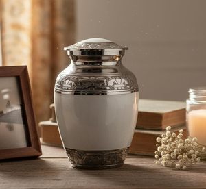 Trending Classic Urn with Silver Floral Accents Round Handmade Sympathy Decorative <b>Jar</b> Crackled Glaze Traditional Style - Product Image 3
