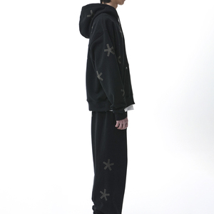 Ensemble de survêtement à capuche noir pour homme, manches longues, fermeture éclair, coupe ample, motif étoile géométrique, coton, tenue décontractée d'automne - Product Image 2