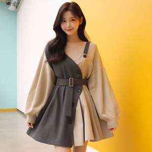 มินิเดรสจับจีบสีตัดกันแบบอสมมาตรสำหรับผู้หญิง - Product Image 1