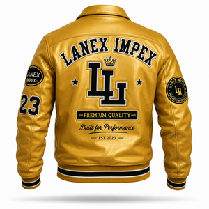 Custom Gold Leather Varsity Jacket for Men Luxury Letterman Bomber Jacket with Embroidered Chenille Patches OEM ODM Wholesale - Product Image 3