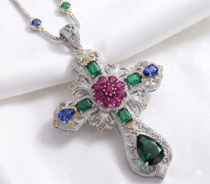 Two Tone <b>Cross</b> Pendant Necklace Crystal and Gemstone Inlay Link <b>Chain</b> Floral Jewelry for Women Gift - Product Image 1