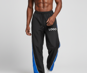 Pantalon de survêtement homme noir et bleu, coupe droite, style vintage, avec bande latérale, cordon élastique, respirant, logo imprimé sur la jambe gauche, collection automne - Product Image 3