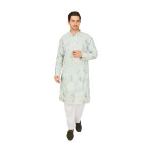 Ensemble de kurta pour homme en vert menthe avec broderie botanique en tissu Georgette TMEN09-01-S - Product Image 1