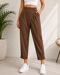 GRACE COLLECTION Pantalon droit rose pour femme, taille mi-haute, plissé, longueur intégrale, couleur unie, décontracté, coupe régulière, taille élastique, collection automne - Product Image 4