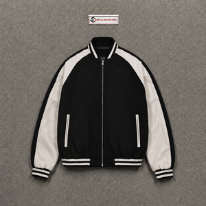 Blouson universitaire noir haut de gamme en laine décontracté avec fermeture éclair, style universitaire, coupe classique, col rabattable, en polyester, la meilleure laine - Product Image 5
