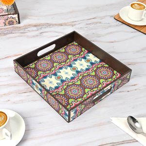 Plateau de service en bois à motif floral ethnique, de qualité supérieure, décoratif, pour desserts, disponible à la vente au prix le plus bas - Product Image 1