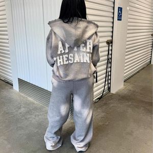 Hot Selling 100% Cotton Acid Wash Fade Tracksuit Distressed Embroidered Patch Logo Heavyweight Autumn Set Applique Street Wear - Product Image 3