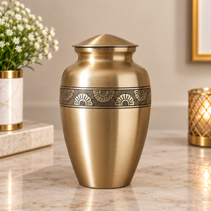 Urne funéraire en métal majestueuse, finition or chaud, avec motif soleil Art Déco, couvercle bombé, pour cendres commémoratives et souvenirs - Product Image 1