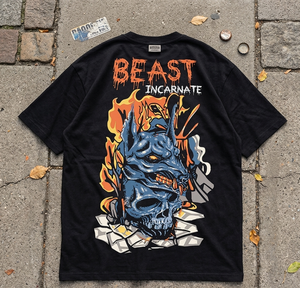 Camiseta Oversize de Algodón Negro con Estampado de Calavera Beast Incarnate para Hombre, Manga Corta, Cuello Redondo, Diseño Transpirable, Estilo Urbano - Product Image 3