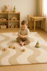 Tapis tufté à la main abstrait vague minimaliste sable et ivoire pour chambre douillette, salon et décoration de sol contemporaine - Product Image 3