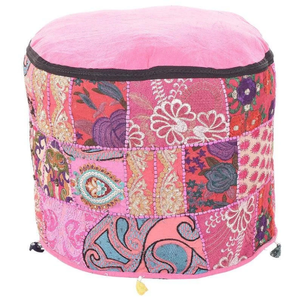 Bohemian Round Fabric <b>Pouf</b> Handcrafted Patchwork Design Multi-Functional Living Room Decor Pink Color - Product Image 3