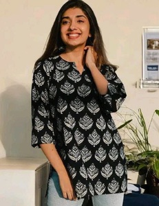 <b>Indian</b> Casual Wear Black White Leaf Print Rayon Kurti Loose Fit Midi Casual Ethnic <b>Top</b> for Office Daily Wear Rayon Short Kurtis - Product Image 1