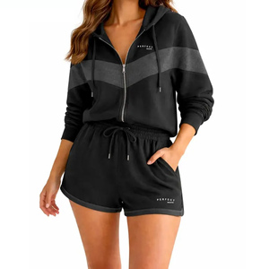 Conjunto Deportivo para Mujer, Verano, Paneles en Contraste, Sudadera con Cremallera y Pantalones Cortos, Colores Sólidos Personalizados, Bordado Frontal - Product Image 2
