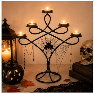 Halloween Spider Web <b>Candelabra</b> 5-Arm <b>Black</b> Metal Candle Holder for Spooky Party Decor Haunted House Centerpiece Candle Stand - Product Image 2