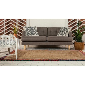 Tapis d'extérieur rectangulaire en jute tressé style bohème, couleur naturelle avec bordure multicolore, à poils plats, pour salon - Product Image 3