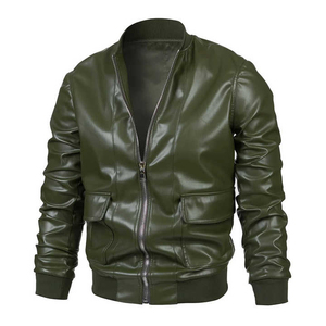 Blouson bomber en cuir PU vert olive pour homme, col montant, fermeture éclair, coupe ajustée, longueur standard, couleur unie, style moto - Product Image 1