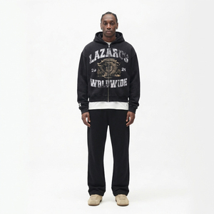Sudadera con capucha negra con cremallera para hombre, estilo oversize, streetwear, con estampado gráfico de letras y efecto lavado, logotipo personalizado, OEM ODM - Product Image 3