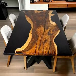 Table à manger en bois massif de noyer avec plateau en résine époxy noire, design rectangulaire moderne, durable et fait main - Product Image 2