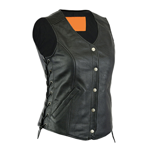 Gilet en cuir pour femme, sans manches, doublure polyester, couleur unie avec poches, service OEM - Product Image 1