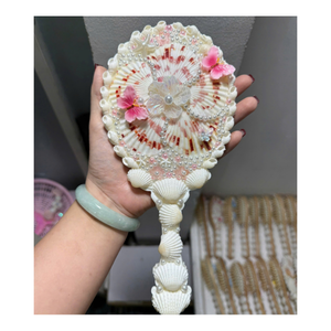 Handmade Natural Seashell & Glass Oval Mini Compact Personalized Custom Shell Mermaid Coastal Vanity Pocket Makeup <b>Mirror</b> - Product Image 2