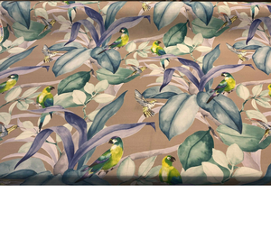 Tissu d'ameublement à motif floral bleu et oiseaux verts, vendu au mètre, motif naturel botanique, textile pour la décoration intérieure - Product Image 1