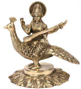 Estatua de Saraswati de Latón Hecha a Mano, Sentada sobre un Cisne, para Decoración del Hogar u Oficina, Estilo Art Deco para Diwali - Product Image 3