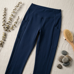 Navy Blue Color <b>Leggings</b> <b>with</b> <b>Pocket</b> High Waist Full Length Knitted Spandex Polyester Breathable Quick Dry Women's Activewear - Product Image 5