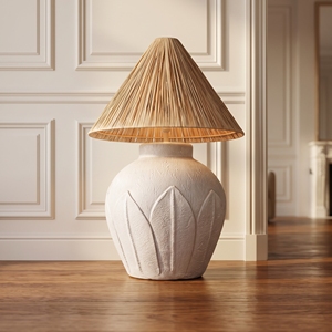 Rustic Carved Ceramic LED Floor Lamp Pleated Raffia Shade Middle <b>Leaf</b> Pattern Pottery Urn Standing Bedside <b>Light</b> Wabi Sabi Home - Product Image 3