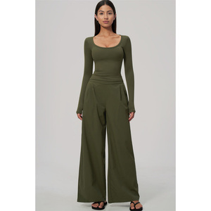 Conjunto de Yoga de 2 Piezas para Mujer, Cuello Redondo, Manga Larga, Pantalones Anchos de Cintura Alta, Ropa Deportiva - Product Image 2