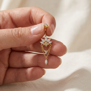 Anillo de Ombligo de Moda Chapado en Oro de 10K con Rosca Interna, Cadena Colgante y Diamantes Florales, Joyería Corporal para Mujer - Product Image 4