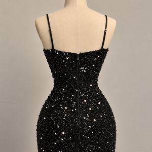 Robe de soirée noire à paillettes, sans manches, longueur au sol, style sirène, fente haute, col en V, tenue de soirée formelle - Product Image 5