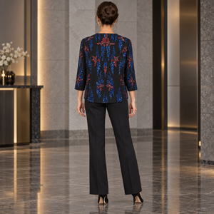 <b>Sequined</b> Floral Evening <b>Top</b> Round Neck Three Quarter Sleeves Relaxed Shape | Black Blue Red Embellished Formal <b>Party</b> Blouse <b>Top</b> - Product Image 4