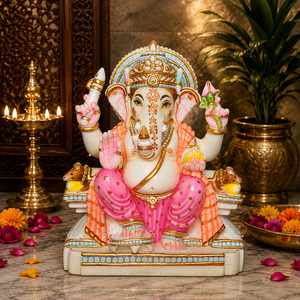 Estatua de Ganesha en Mármol Puro sobre Trono Real |   Ídolo del Dios Ganesha Hecho a Mano |   Murti de Ganpati de Mármol Premium para Templo en Casa, 12 Pulgadas - Product Image 1
