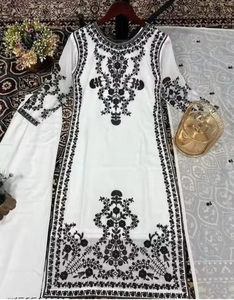 Conjunto de Salwar Kameez de Georgette Bordado, Largo hasta el Suelo, para Otoño, con Estampado Floral Blanco, Tradicional Indio-Pakistaní, para Mujer - Product Image 4