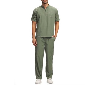 Unisex Olive Green <b>Scrub</b> Set Polyester Rayon Spandex Woven Uniform Hospital Wear V-Neck <b>Top</b> Pants Elastic Waist Breathable - Product Image 1
